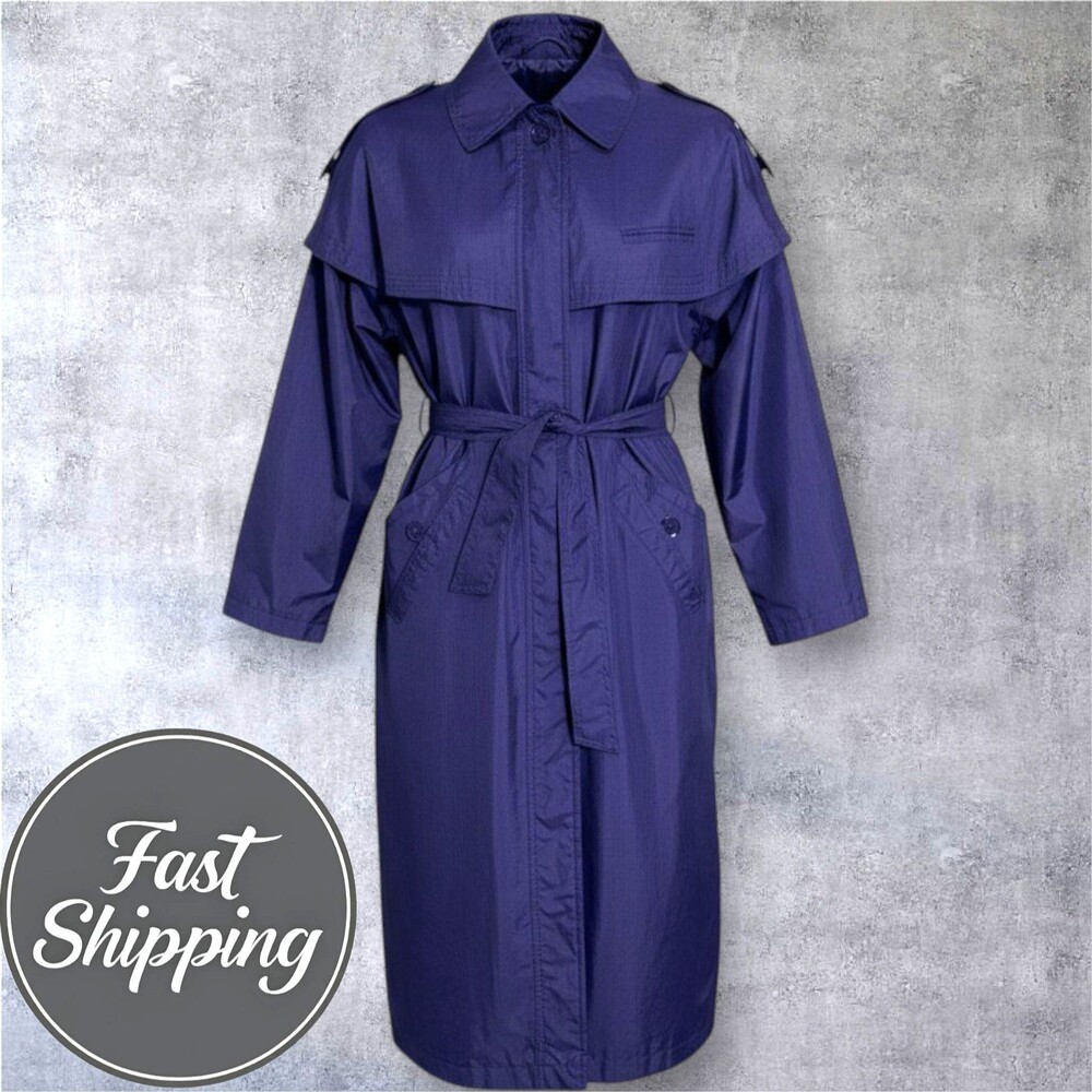 Vintage Purple Raincoat Trench Coat Belted Size 11/12 Overcoat 80s Owersized